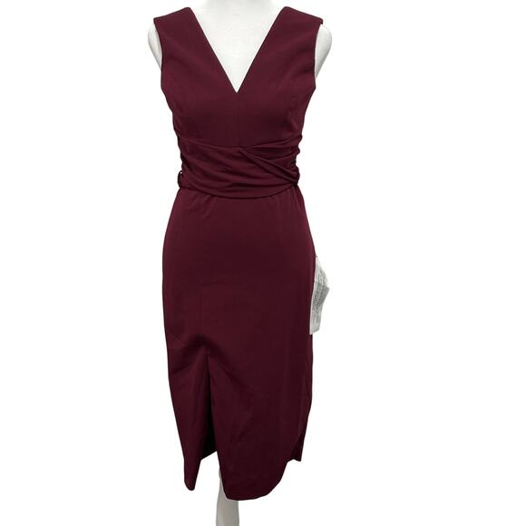 Dress The Population Alessia Wine Burgundy V-Neck Tie Waist Crepe Size XS NWT - Picture 2 of 16